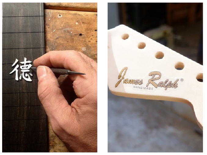 漢字が好きだというバーナビーさん。ギターのネックに埋め込まれた貝製の“徳”の文字も自筆。屋号“James Ralph”は、リスペクトしているバーナビーさんのお父様の名前。