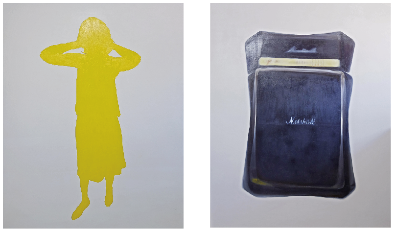 「無題」（2014年8月）oil on panel 「この作品、２枚で一組の作品なんですが、右の絵、香水のボトルみたいでしょう？実は、大音量で響いているアンプの絵なんです。分かります？振動で揺れているんですよ。こちらの左の絵は、音がうるさくて耳を塞いでいる若い女性です。」