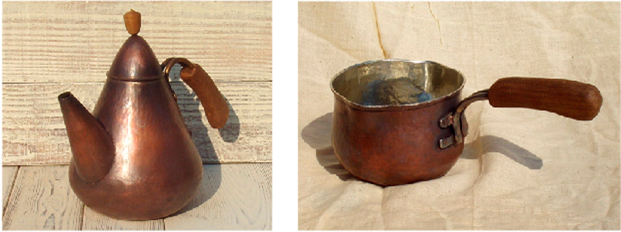 銅製のヤカンや鍋。座銅は熱伝導が良く、あっという間にお湯が沸く